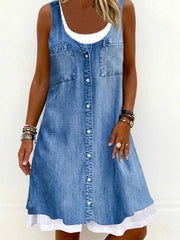 Women's Denim-Look Print Faux Two-Piece Dress gracestitchs