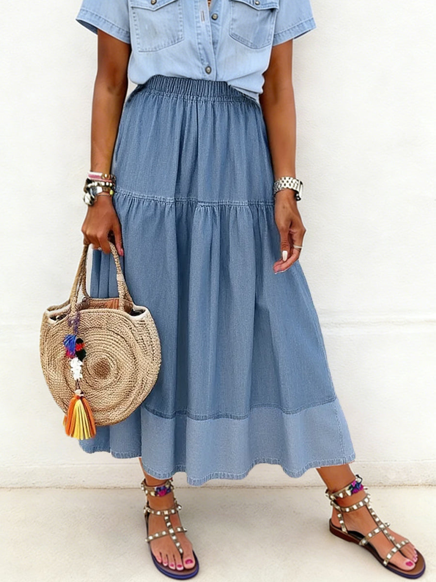 Women's Paneled Elastic Waist Denim Skirt gracestitchs