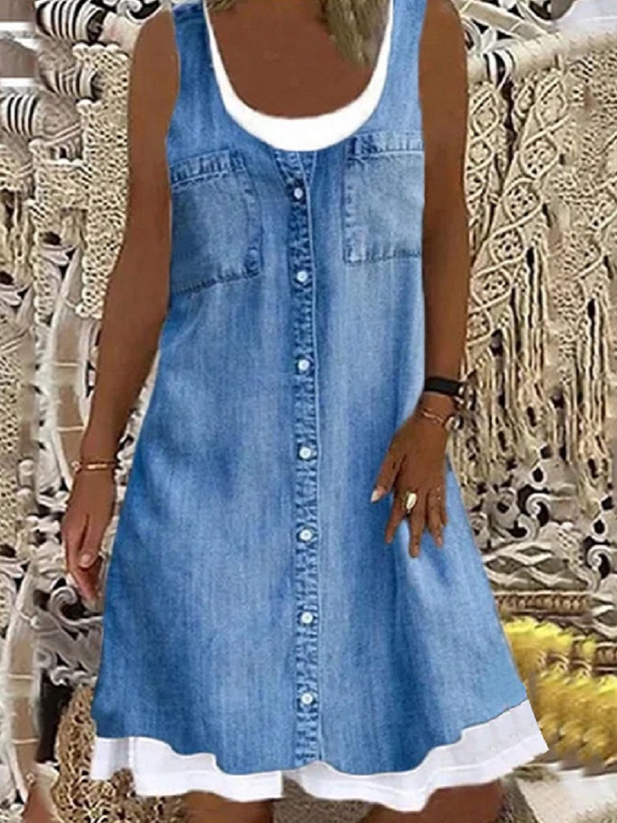 Women's Denim-Look Print Faux Two-Piece Dress gracestitchs