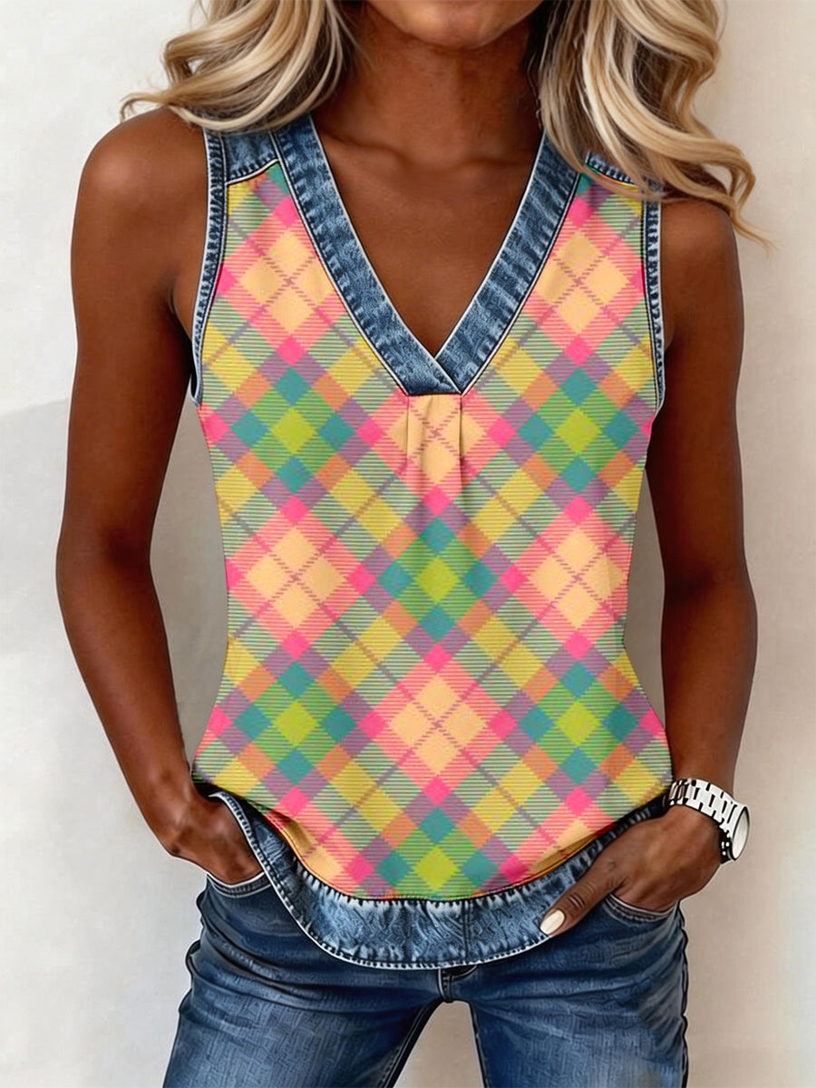 Women's Pastel Plaid Pattern Denim Patchwork Top gracestitchs