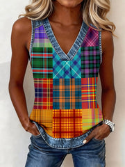 Women's Plaid Pattern Denim Patchwork Top gracestitchs