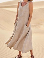 Women's Casual Elegant Sleeveless Cotton Midi Dress gracestitchs