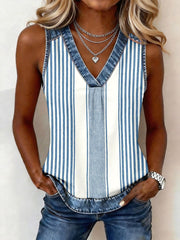 Women's Striped Pattern Denim Patchwork Top gracestitchs