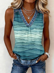 Women's Watercolor Striped Pattern Denim Patchwork Top gracestitchs