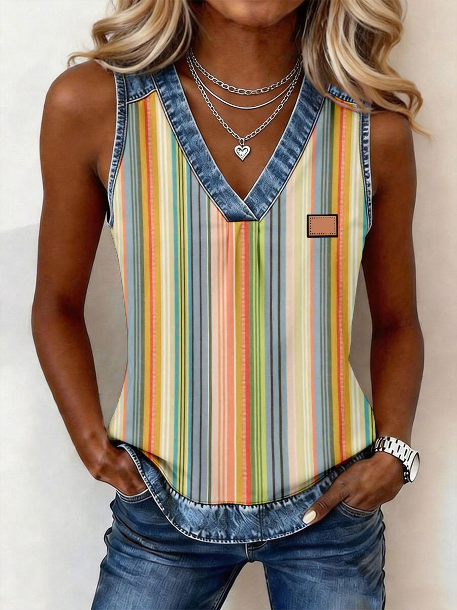 Women's Striped Pattern Denim Patchwork Top gracestitchs