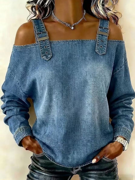 Women's off-the-shoulder long-sleeved denim top with shoulder straps