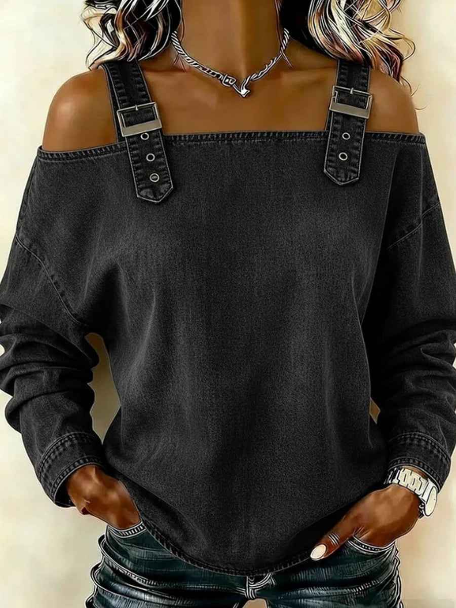 Women's off-the-shoulder long-sleeved denim top with shoulder straps