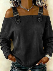 Women's off-the-shoulder long-sleeved denim top with shoulder straps