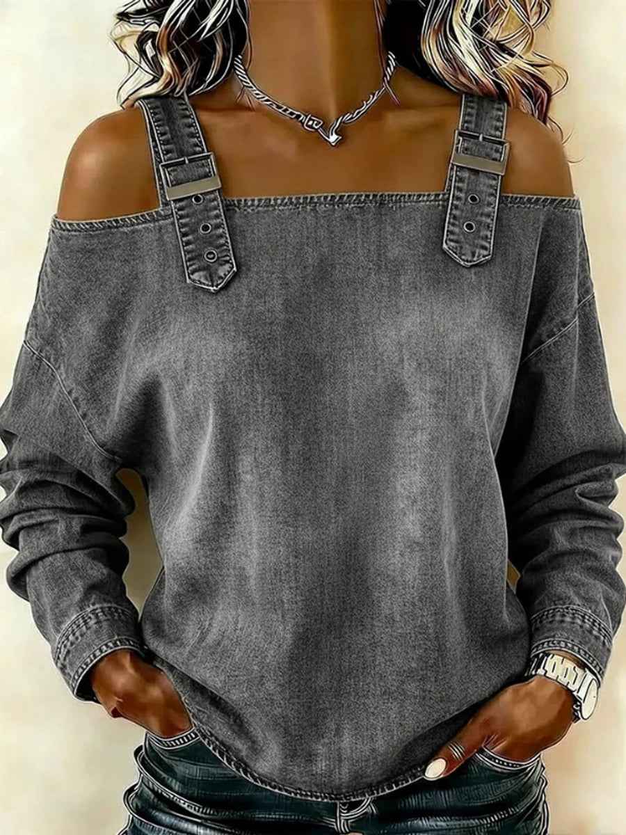 Women's off-the-shoulder long-sleeved denim top with shoulder straps