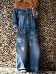 Women's denim off-shoulder jumpsuits