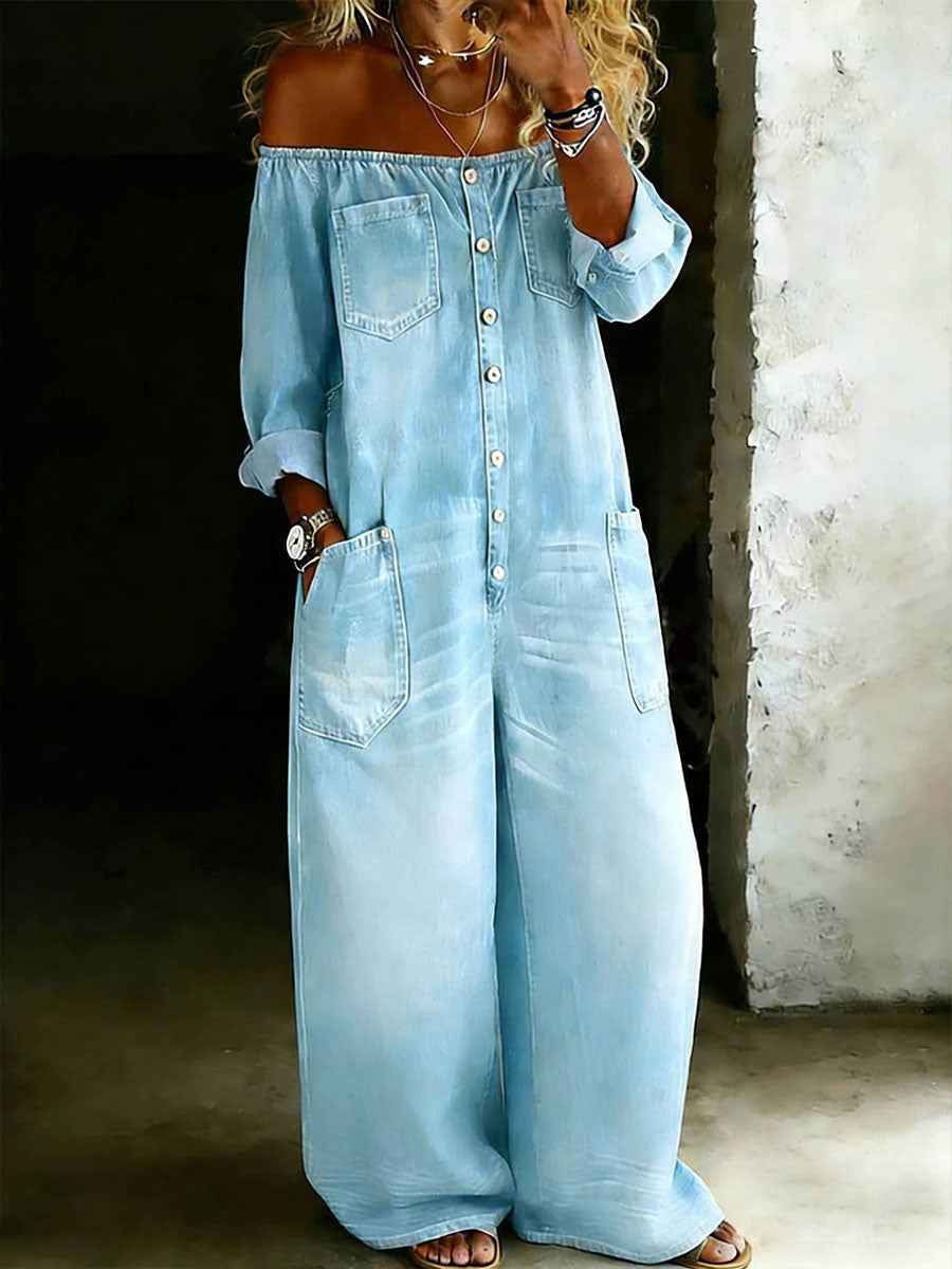 Women's denim off-shoulder jumpsuits
