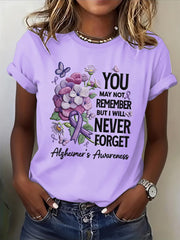 Women's Casual Alzheimer's Awareness Purple Flowers Short Sleeve T-Shirt gracestitchs