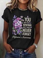 Women's Casual Alzheimer's Awareness Purple Flowers Short Sleeve T-Shirt gracestitchs
