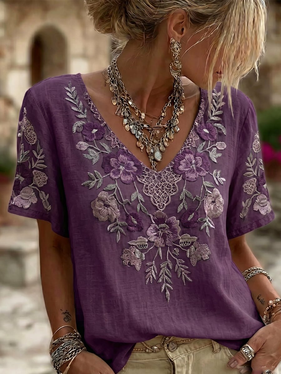 Women's Alzheimer's Awareness Floral Casual Short Sleeves Linen Shirt gracestitchs