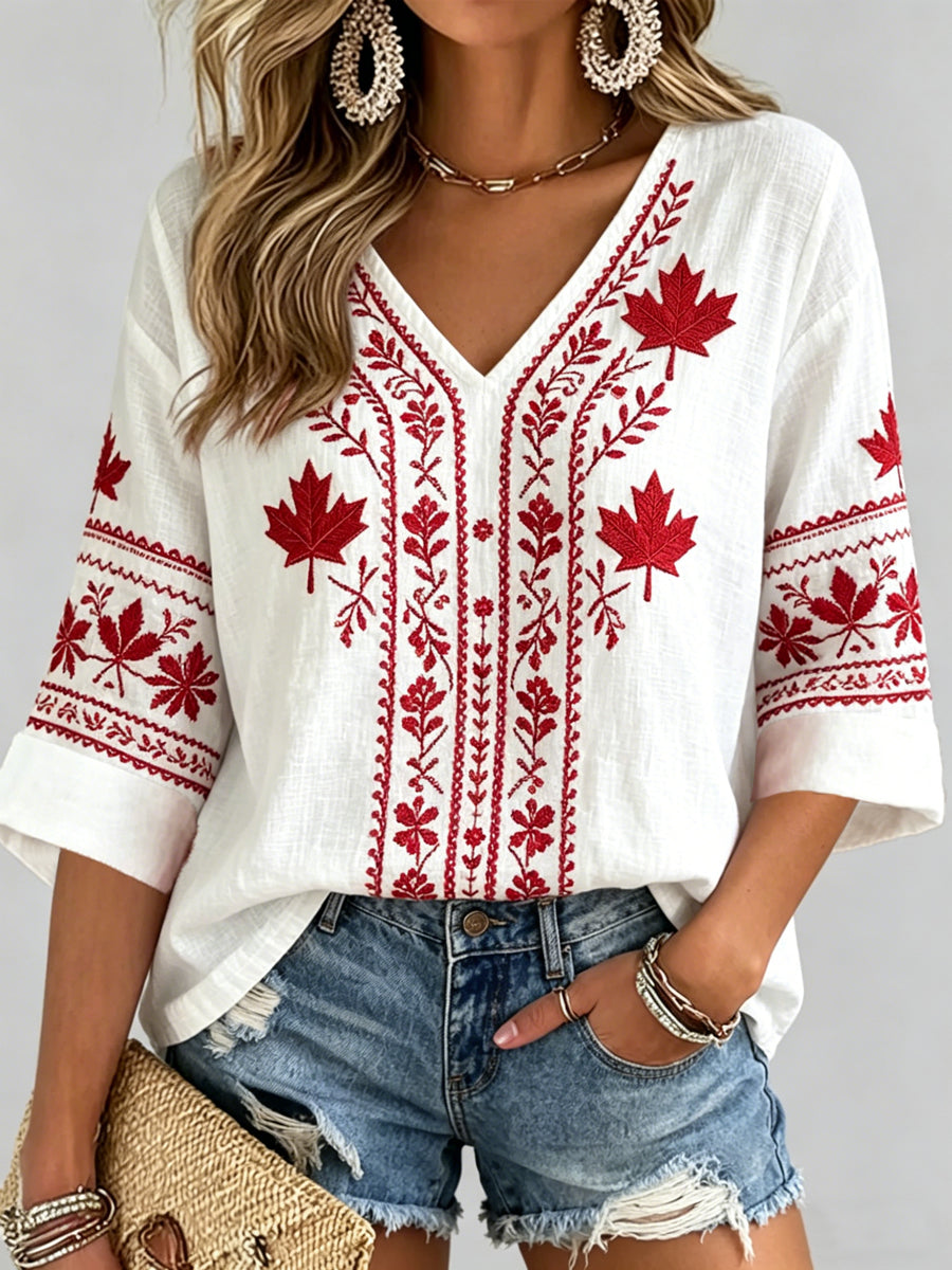 Women's Maple Leaf Checkered Print Casual V-Neck Shirt gracestitchs