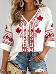 Women's Maple Leaf Checkered Print Casual V-Neck Shirt gracestitchs