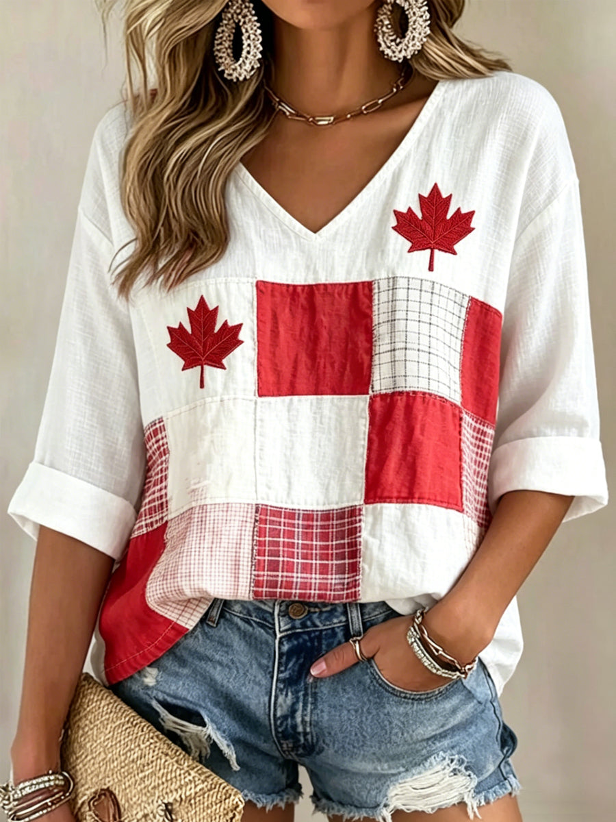 Women's Maple Leaf Checkered Print Casual V-Neck Shirt gracestitchs