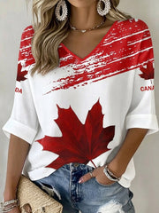 Women's Happy Canada Day Canadian Maple Leaf Print Casual Waffle V-Neck Top gracestitchs