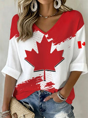 Women's Happy Canada Day Canadian Maple Leaf Print Casual Waffle V-Neck Top gracestitchs