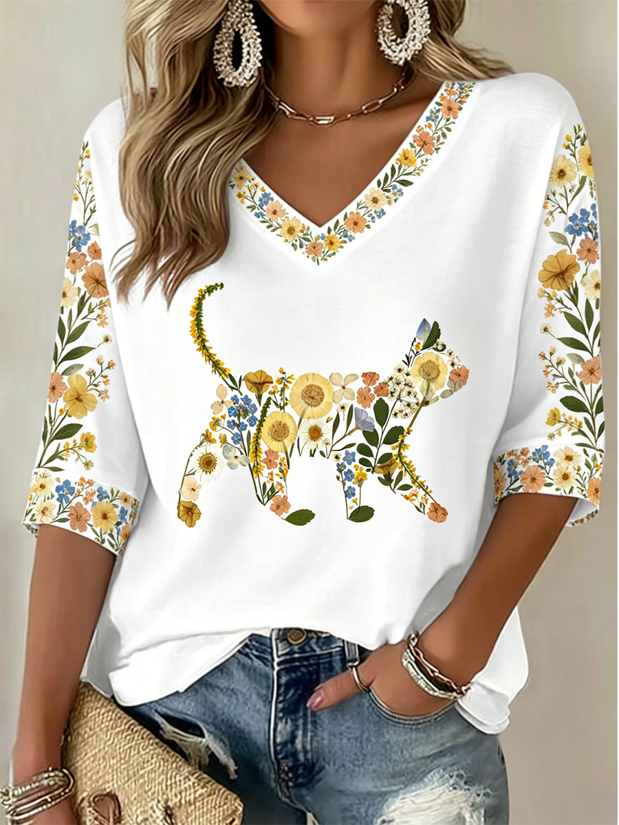 Women's Cute Cat Print Mid-length Sleeves V-Neck T-Shirt gracestitchs