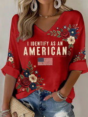 Women's I Identify As An American Floral USA Flag Print Casual Patriot Waffle Top gracestitchs