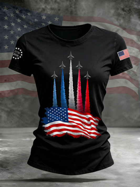 Women's Independence Day American Flag Jet Planes Print Casual Tee gracestitchs