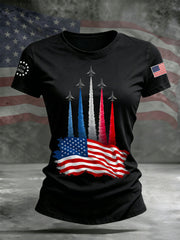 Women's Independence Day American Flag Jet Planes Print Casual Tee gracestitchs