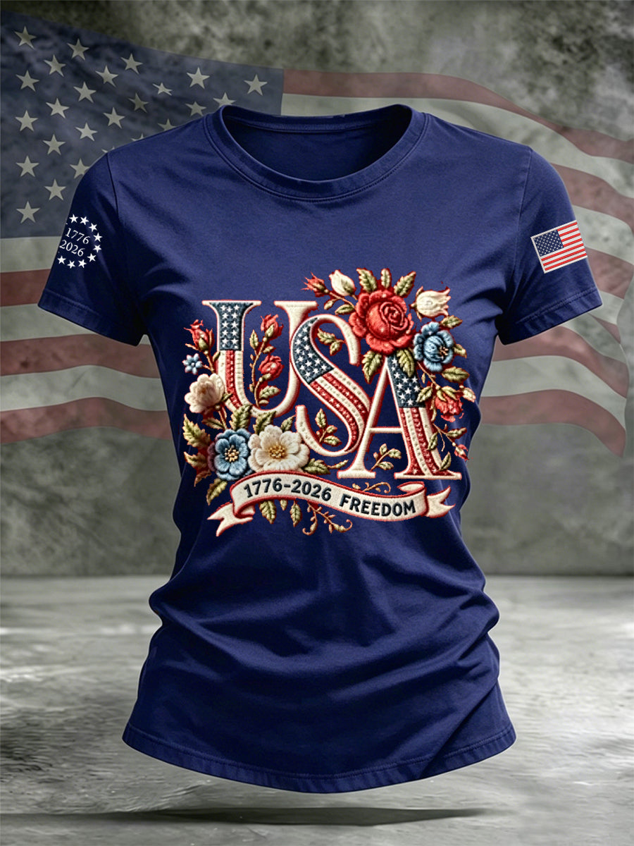 Women's Independence Day Floral USA Flag Print Casual Tee gracestitchs