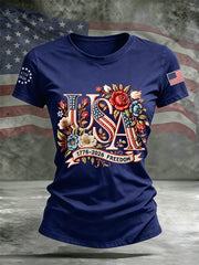 Women's Independence Day Floral USA Flag Print Casual Tee gracestitchs