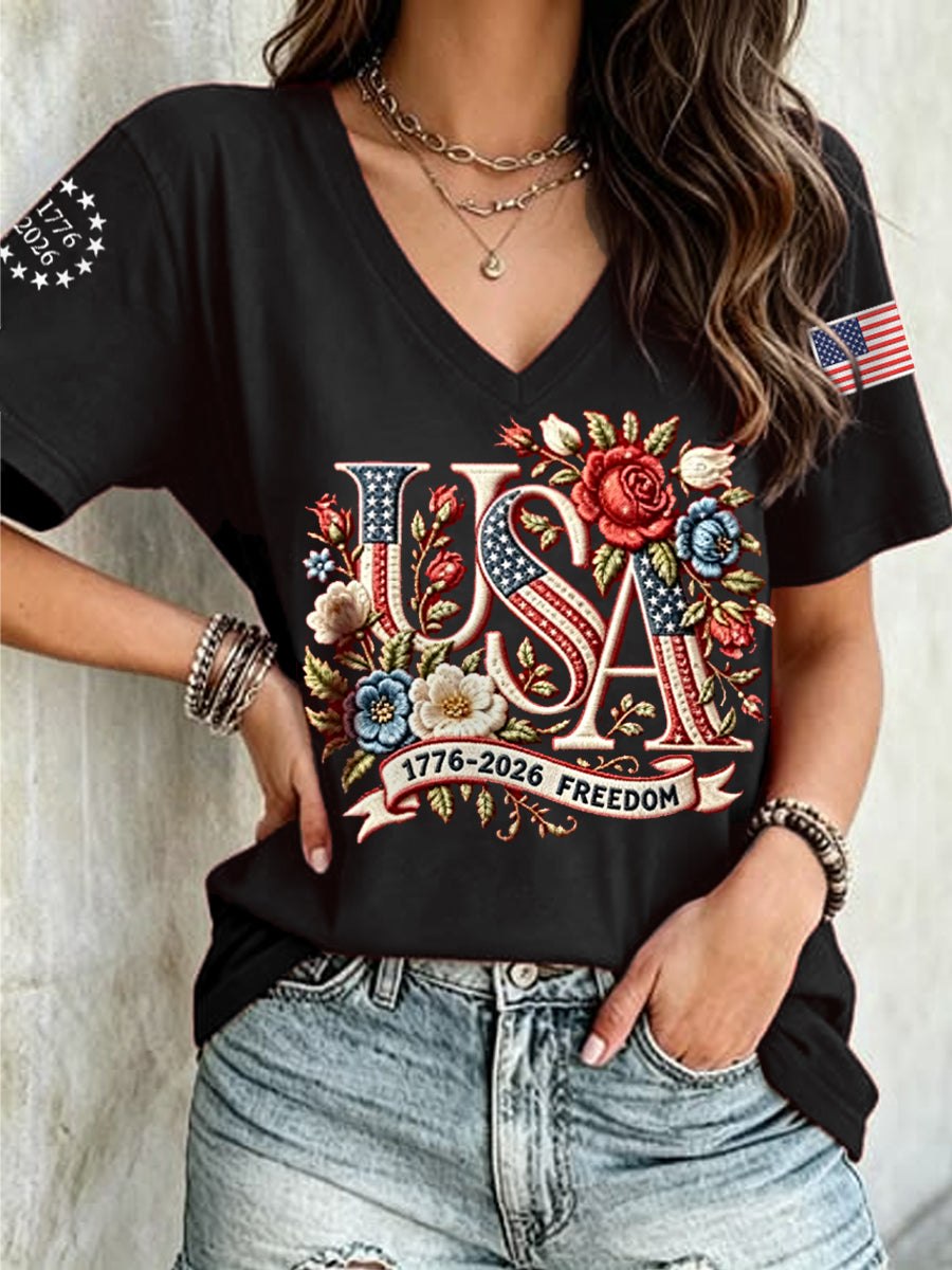 Women's Independence Day Floral USA Flag Print Casual Tee gracestitchs