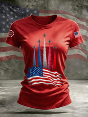 Women's Independence Day American Flag Jet Planes Print Casual Tee gracestitchs