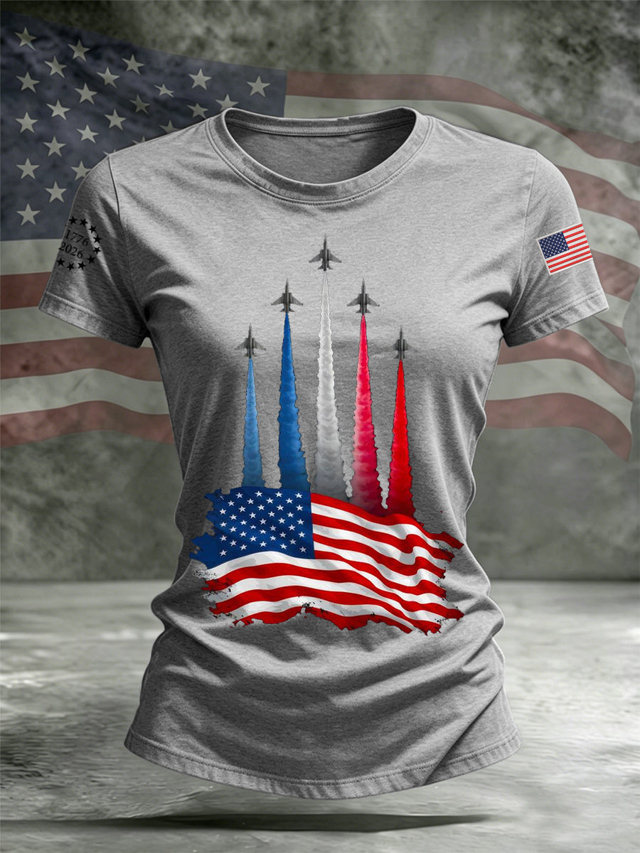 Women's Independence Day American Flag Jet Planes Print Casual Tee gracestitchs