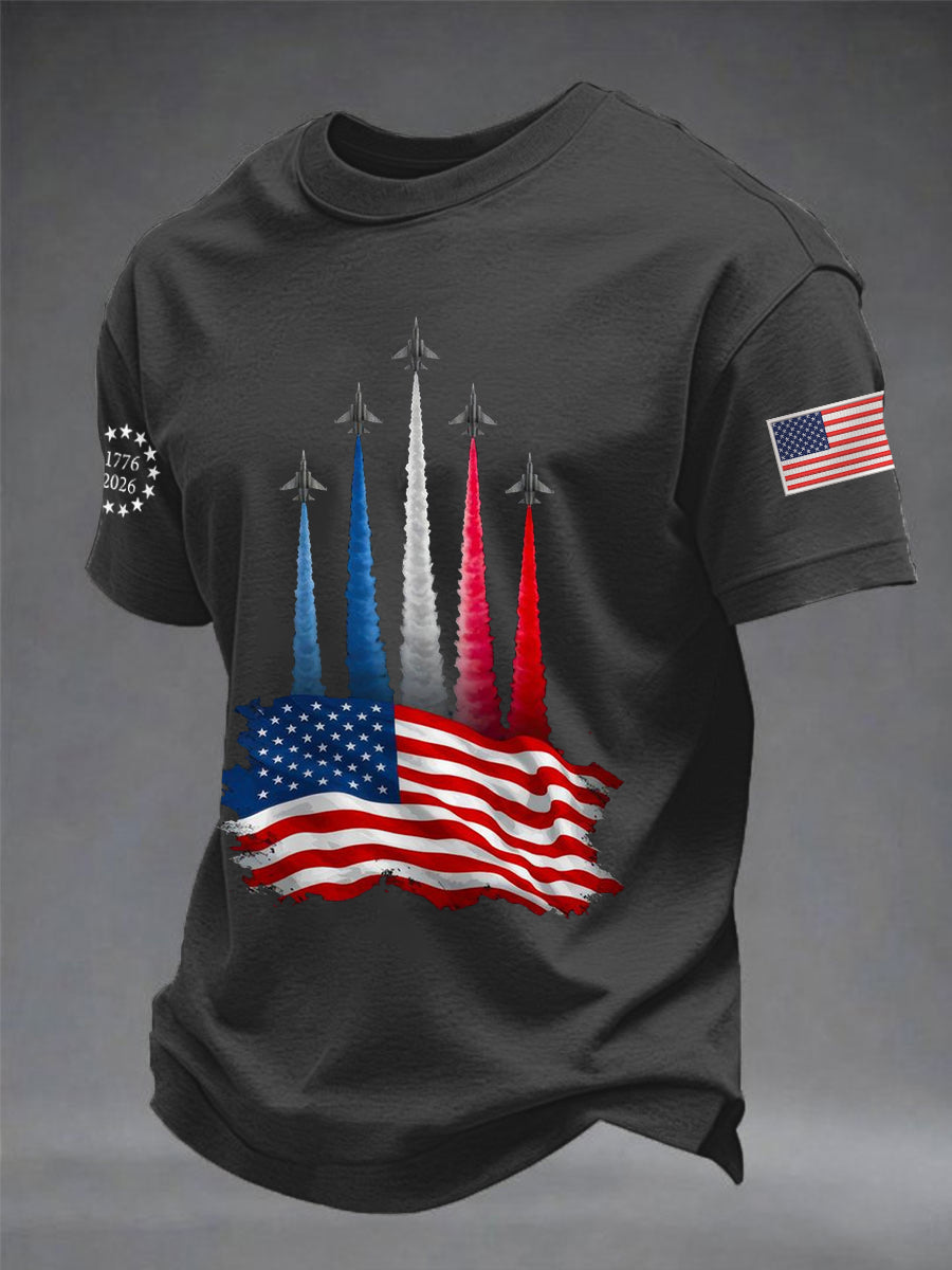 Men's Independence Day American Flag Jet Planes Print Casual Tee gracestitchs