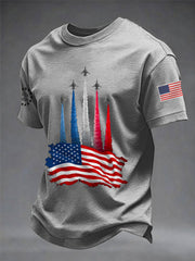 Men's Independence Day American Flag Jet Planes Print Casual Tee gracestitchs