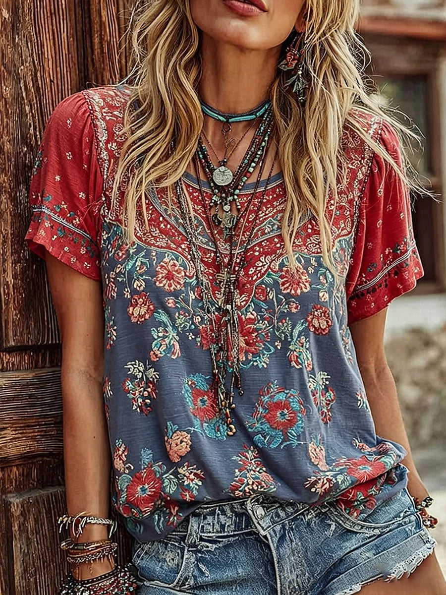 Women's American Flag Floral Print Casual T-shirt gracestitchs