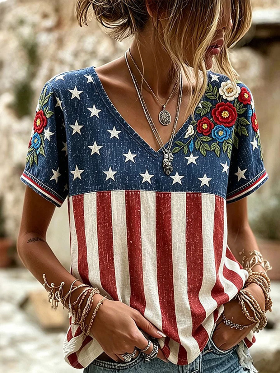 Women's American Flag Floral Print Casual T-shirt gracestitchs