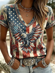 Women's American Flag Floral Print Casual T-shirt gracestitchs