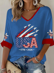 Women's Independence Day USA Flag Art Waffle T-shirt gracestitchs