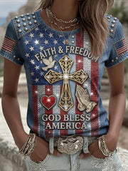 Women's Vintage Independence Day Flag Art God Bless America Short Sleeve T-shirt gracestitchs
