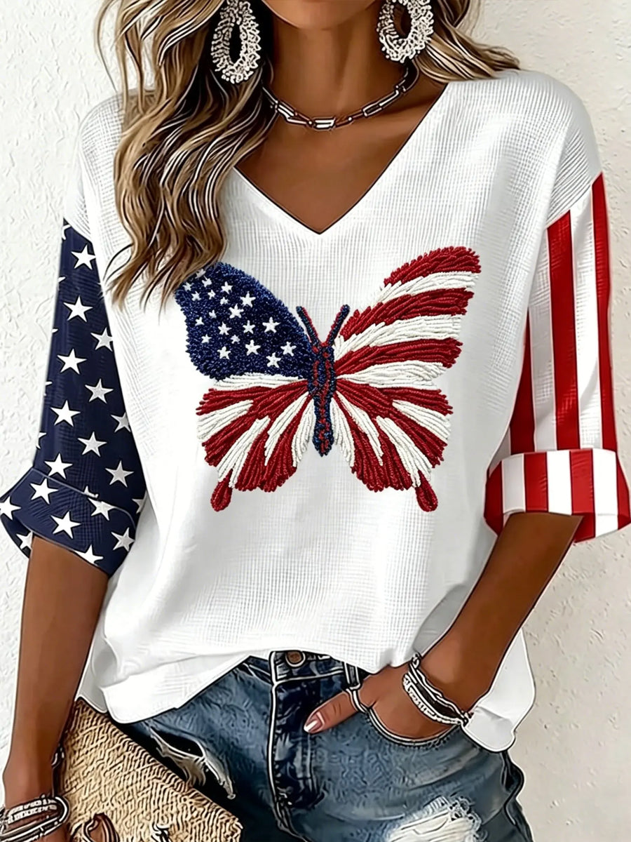 Women's Vintage Independence Day Butterfly Flag Art Waffle T-shirt gracestitchs