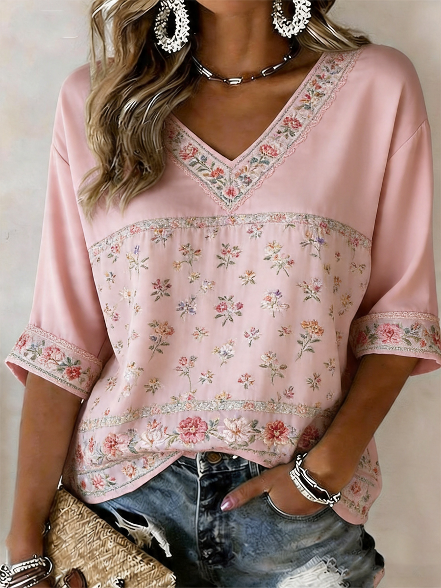 Women's Pink Floral Print Mid-length Sleeves V-Neck T-Shirt gracestitchs