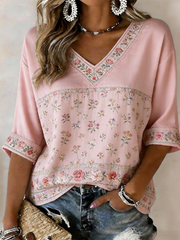 Women's Pink Floral Print Mid-length Sleeves V-Neck T-Shirt gracestitchs
