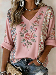 Women's Pink Floral Print linen short-sleeved T-shirt gracestitchs