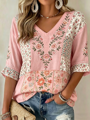 Women's Floral Print Mid-length Sleeves V-Neck T-Shirt gracestitchs