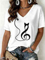 Women's Cat Print V-Neck T-Shirt gracestitchs