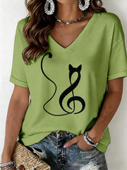 Women's Cat Print V-Neck T-Shirt gracestitchs