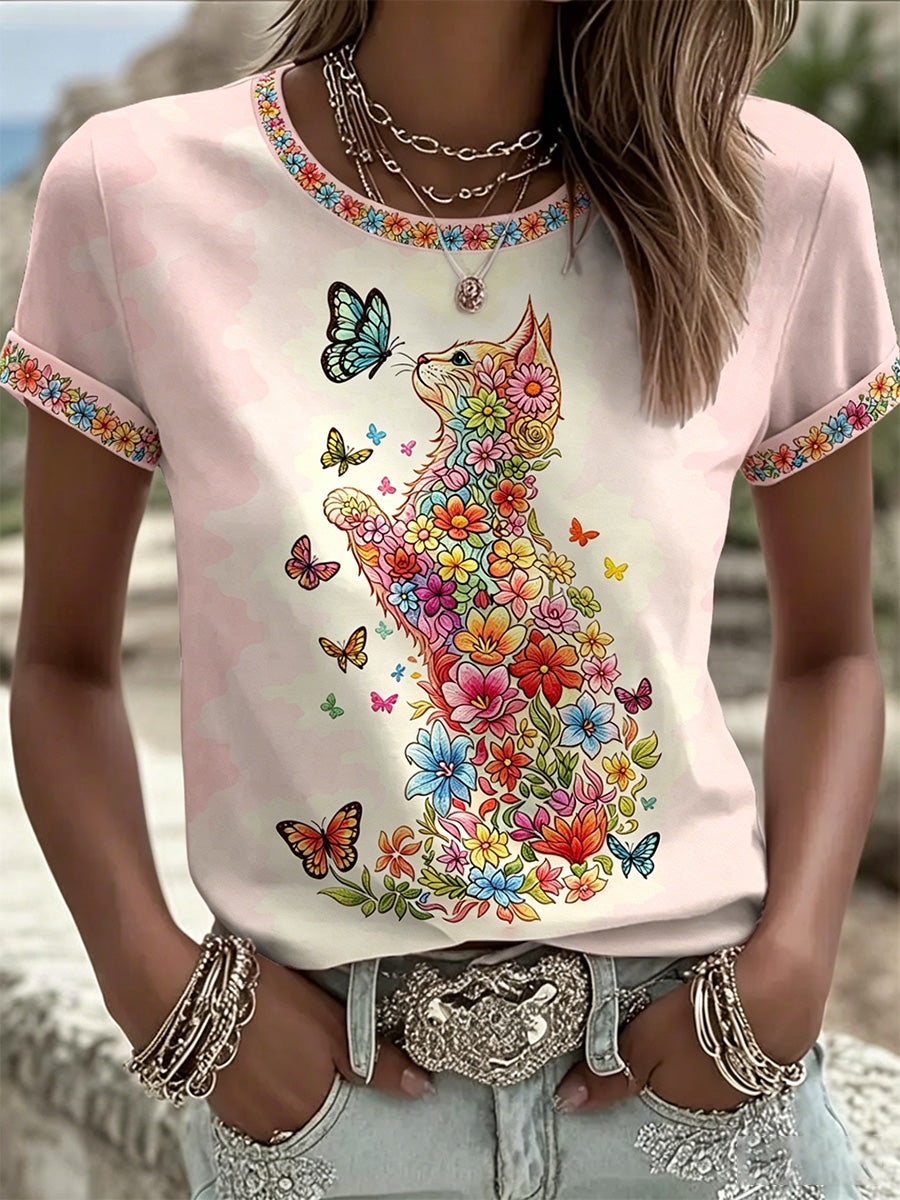 Women's Floral Cats Print Casual Tee gracestitchs