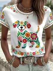 Women's Floral Dog Print Casual Tee gracestitchs