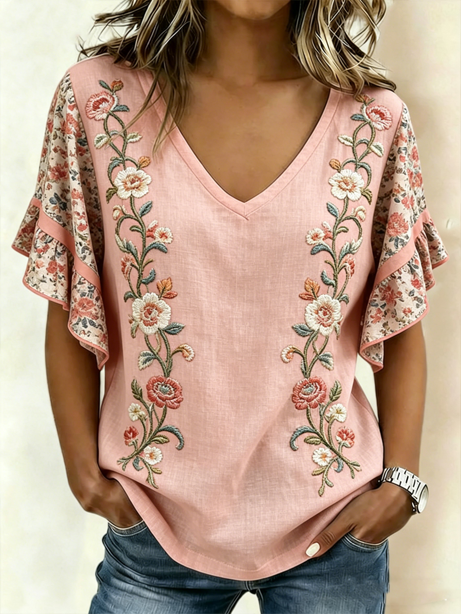 Women's Pink Floral Print Short Sleeve T-Shirt gracestitchs