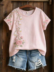 Women's Pink Floral Print linen short-sleeved T-shirt gracestitchs